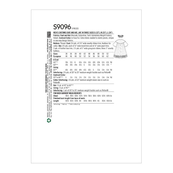 Simplicity Sewing Pattern 9096 Costume Mens Size 34-42 - Picture 2 of 5